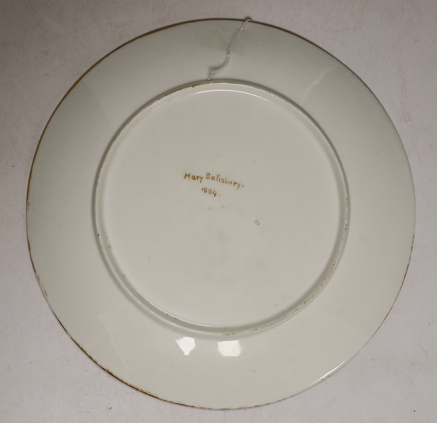 A Mary Salisbury hand painted plate, dated 1884, 24cm